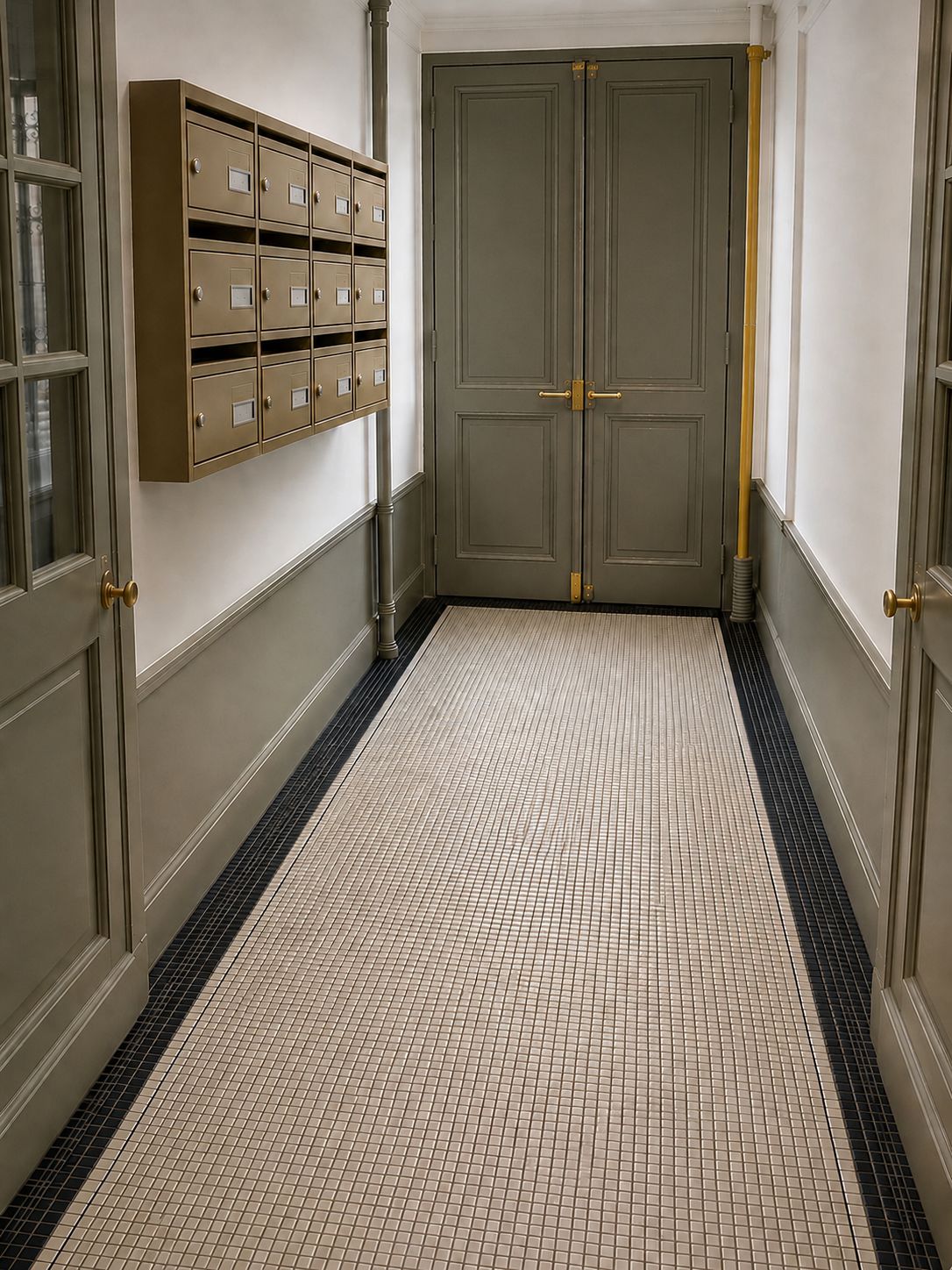 Hall de copropriété après intervention sans poubelle visible