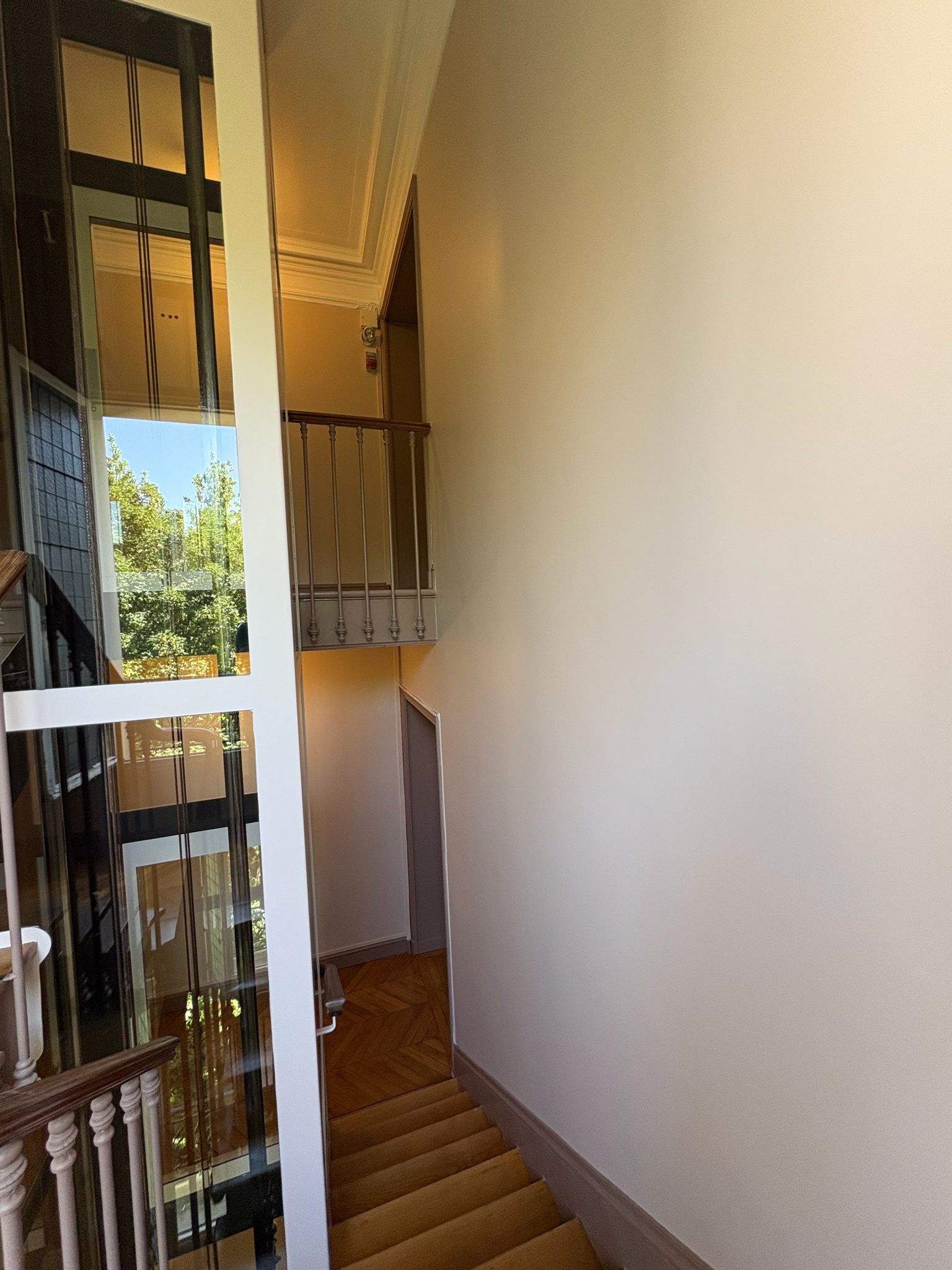 Cage d'escalier rénovée avec finitions propres et parquet visible sur les paliers